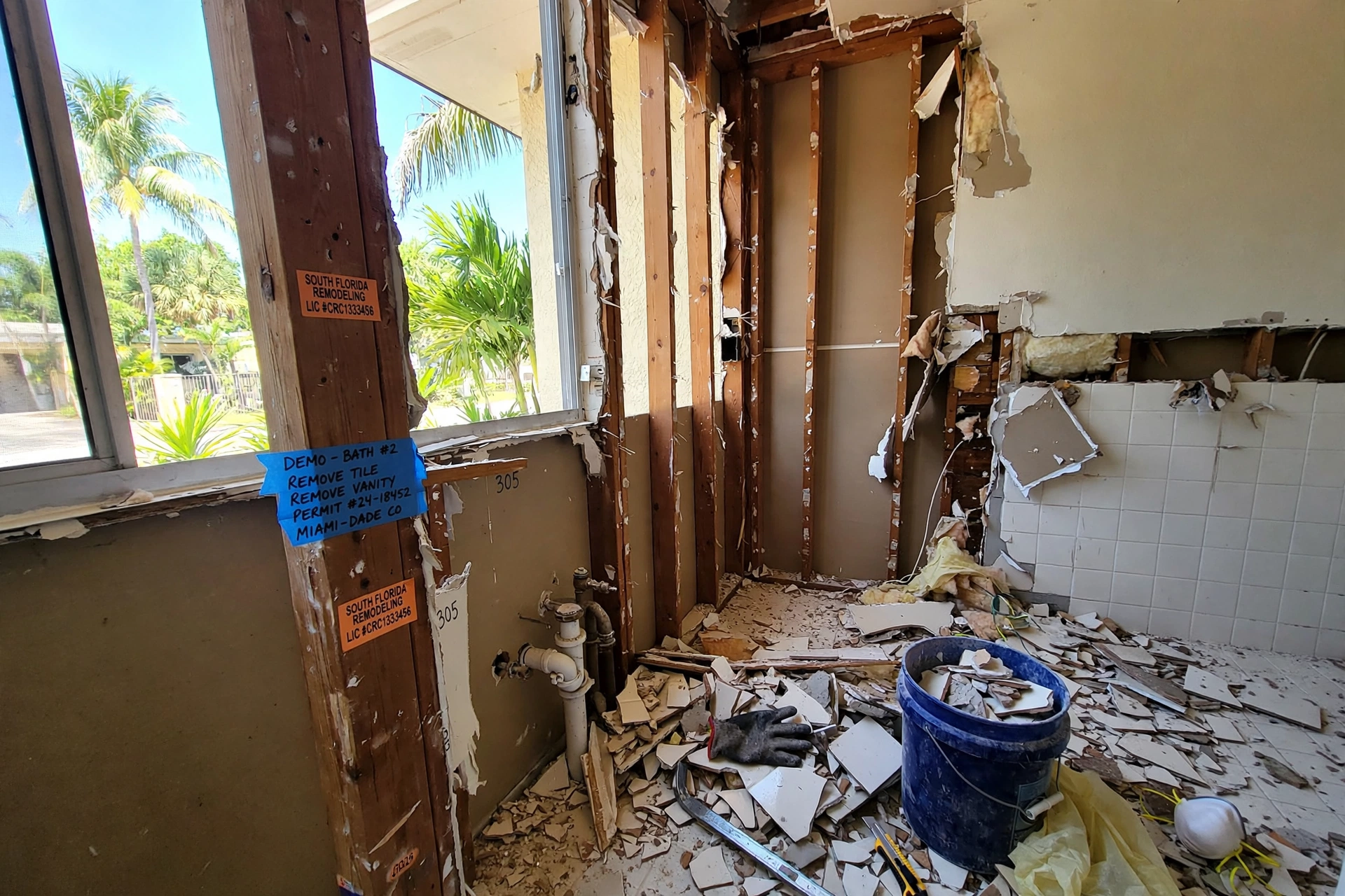 Bathroom gutted down to the studs during demolition in South Florida