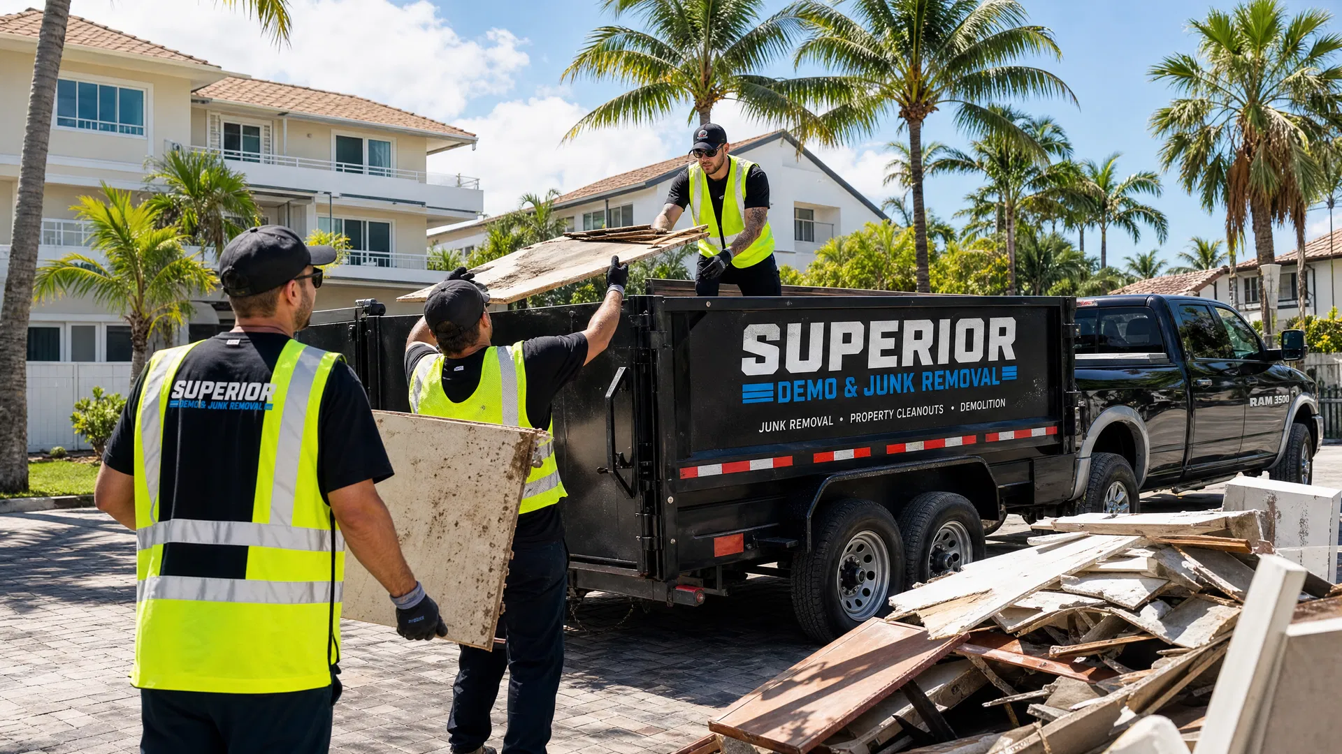Superior Demo & Debris Removal crew performing property cleanout and contractor debris removal in Broward County FL