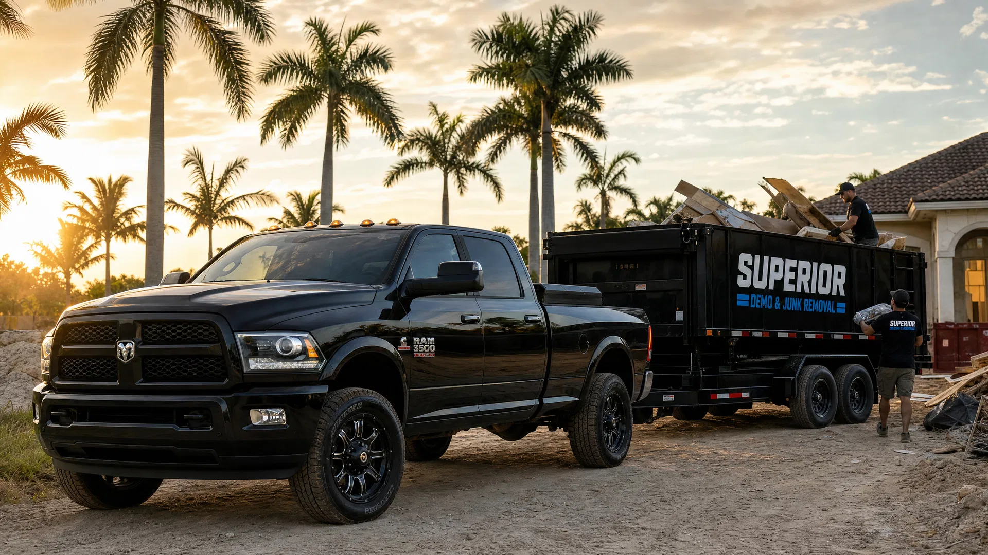 Contractor debris removal service by Superior Demo & Debris Removal - black RAM 3500 truck with dump trailer at job site in Broward County Florida